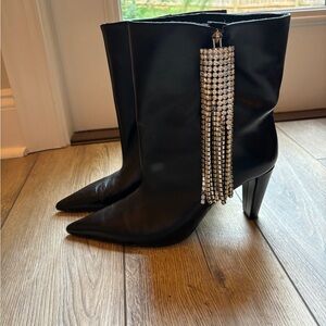 Zara Women Leather Heeled Ankle Boots With Rhinestone Fringe Black size 41